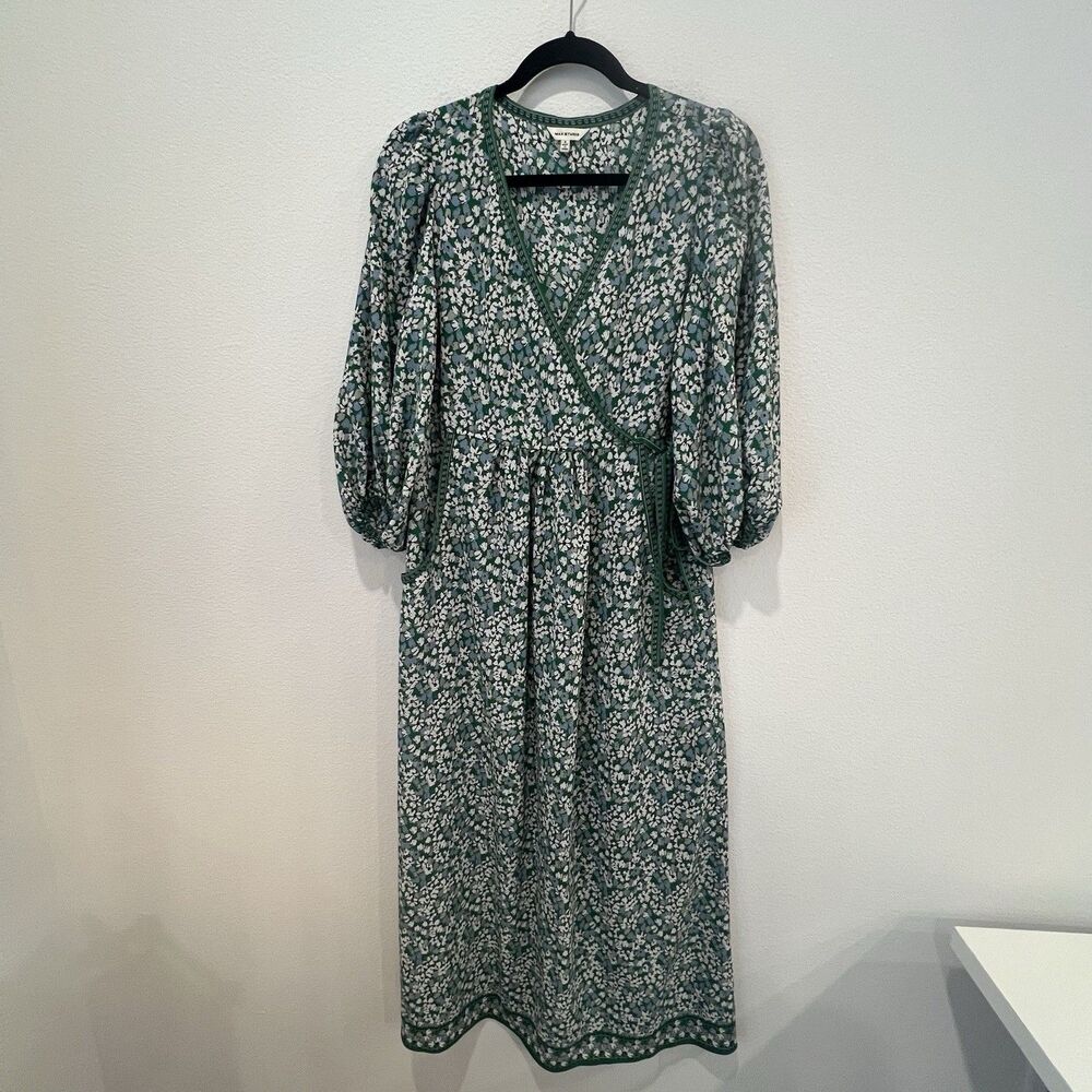 Max Studio London Green Floral Ruched Bohemian Prairie Maxi Dress Women's Size S